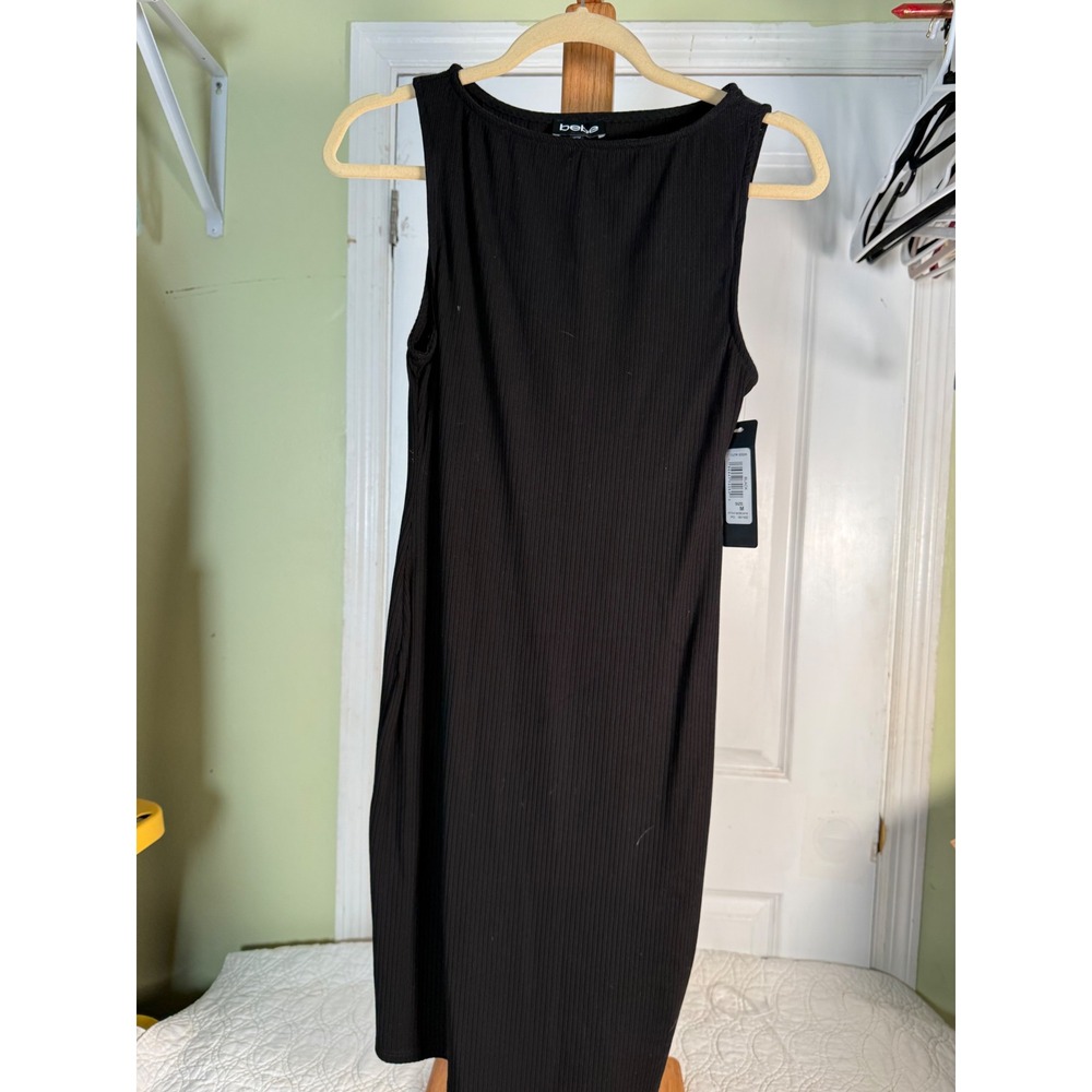 Bebe Black Ribbed Sleeveless V-Back Bodycon Midi Dress BEBE2016 M